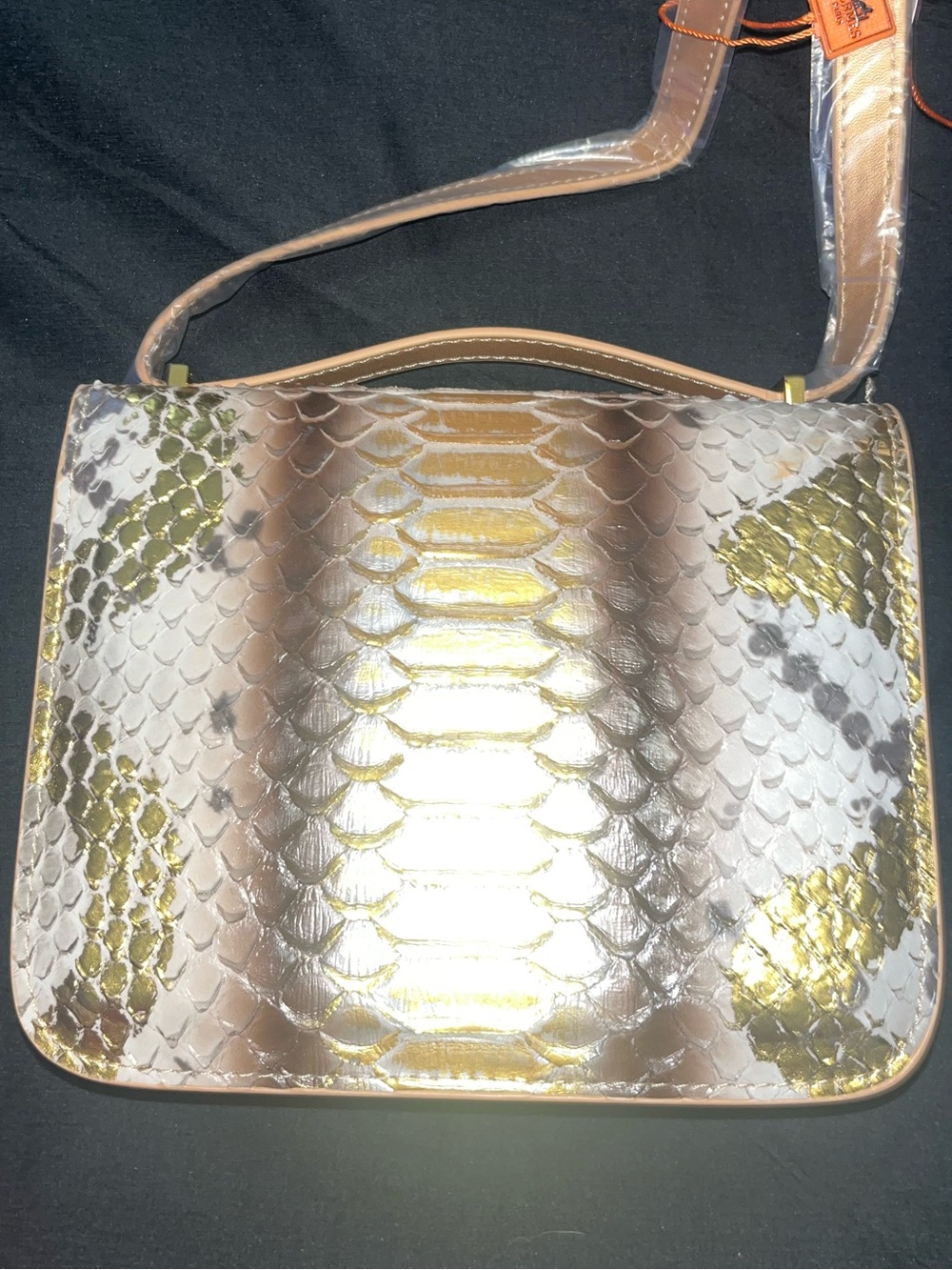 Gold Metallic Snake-Embossed Crossbody Bag